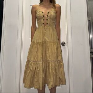 VINTAGE Tan Tired Midi Dress with a deep V-neckline 🌾